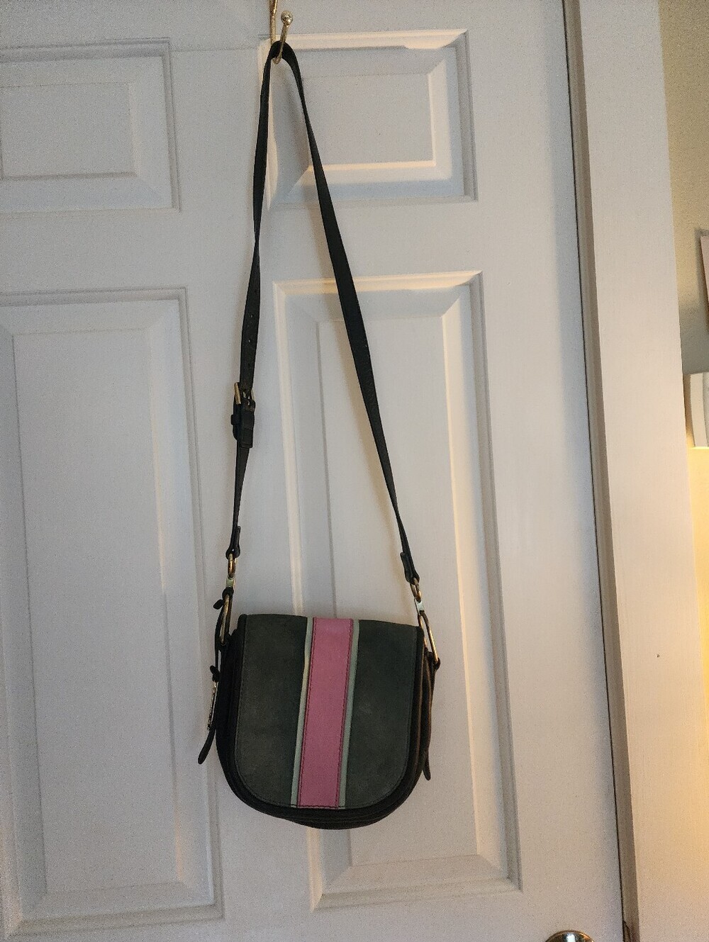 Fossil Rumi Mini Crossbody Bag Racing Stripe Leather Suede Alpine Green Pink